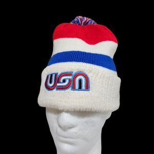 Vtg Streaker Athletic Wear USA Beanie Hat Pom Patriotic Red White Blue HTF OOAK